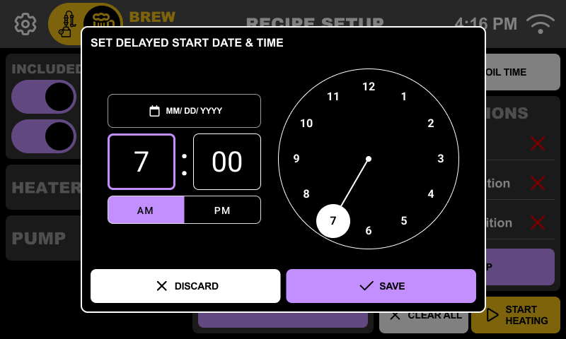 Delay Start — date and time picker with analog clock