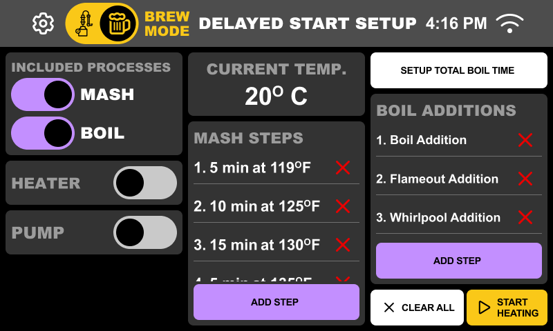 Delayed Start setup — recipe configuration with scheduled brew