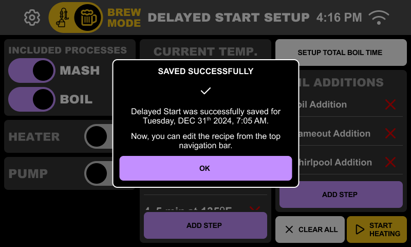 Delayed Start saved — confirmation with scheduled date and time