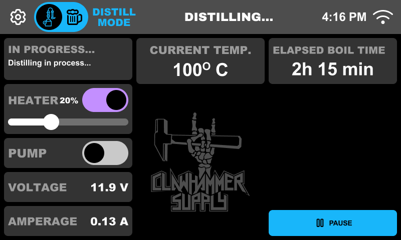 Dedicated distilling mode — heater control, temperature, and elapsed time