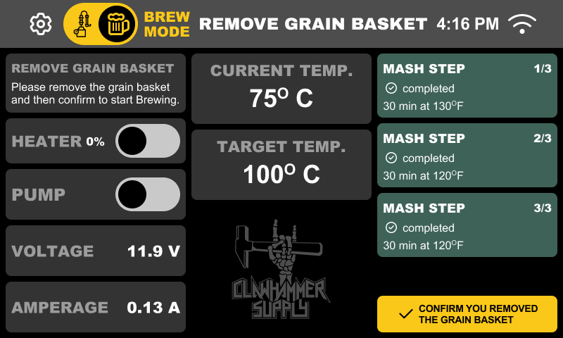 Step confirmation — remove grain basket before advancing to boil