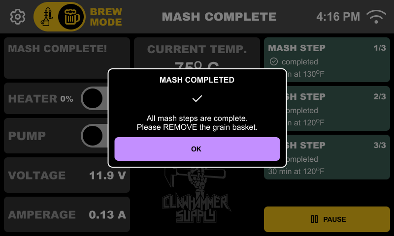 Mash completed notification — clear alarm with actionable prompt