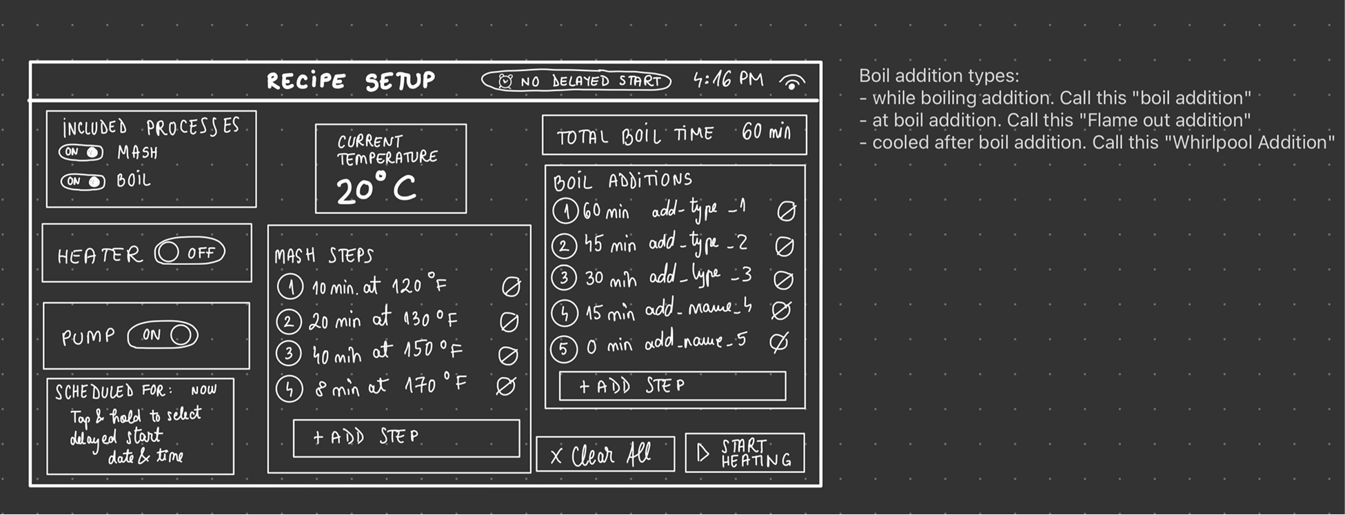 Early wireframe sketches — designing the recipe setup layout
